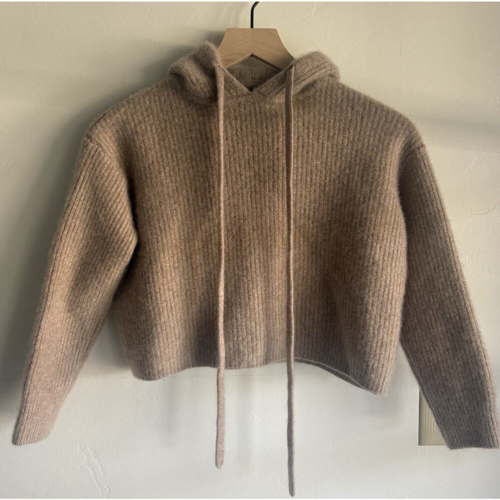 Quince Cropped Tan Ribbed Knit Hoodie Sweater